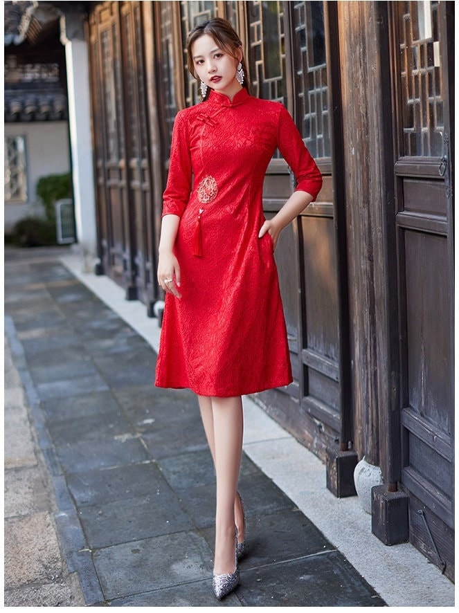 Red Lace A Line Cheongsam Qipao