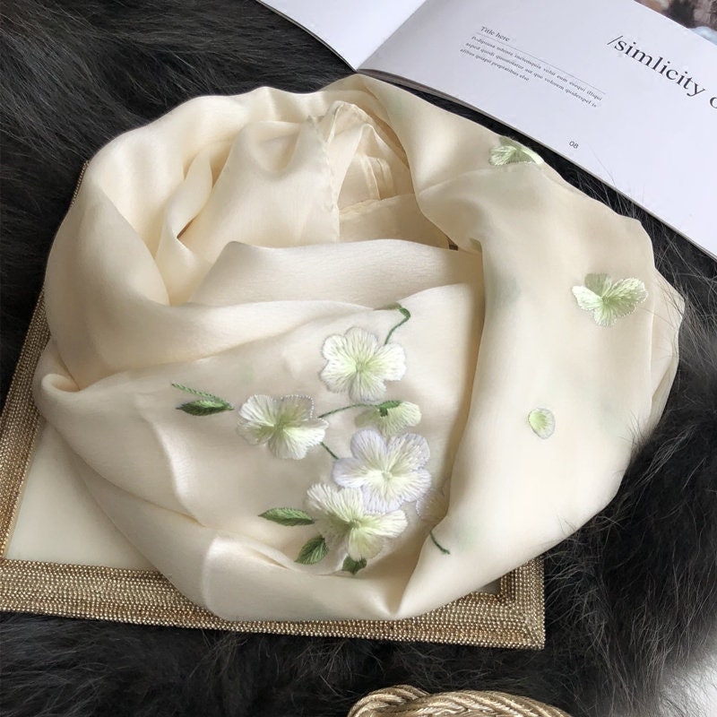 100% Mulberry Silk Plum Blossom Embroidery Scarf