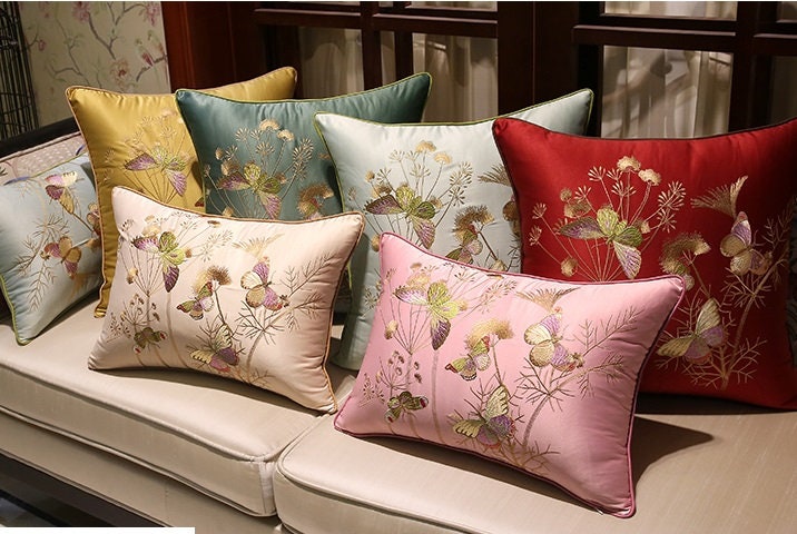 Oriental Floral Embroidered  Satin Cushion Covers | Butterfly