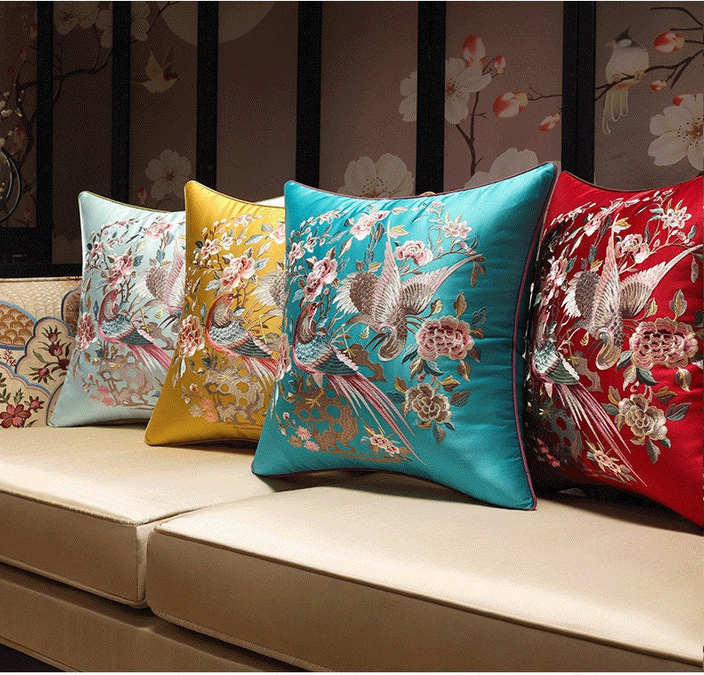 Oriental Floral Birds  Embroidered  Satin Cushion Covers | Peony and Birds