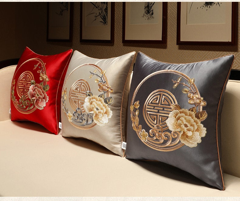 Floral  Embroidered  Satin Cushion Covers | Prosperity Peony