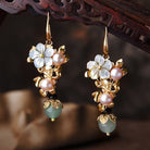 Green Jade Red Agate Pearl Flower  Dangle earrings