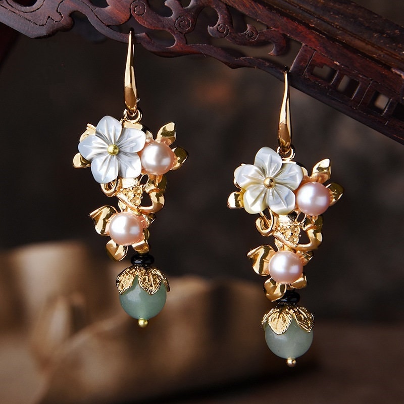Green Jade Red Agate Pearl Flower  Dangle earrings