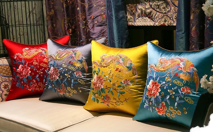 Oriental Embroidered Satin Cushion Covers |  Peony and Phoenix