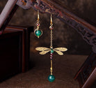 Green Agate Red Garnet Stone Dragonfly Beads  Drop Earrings