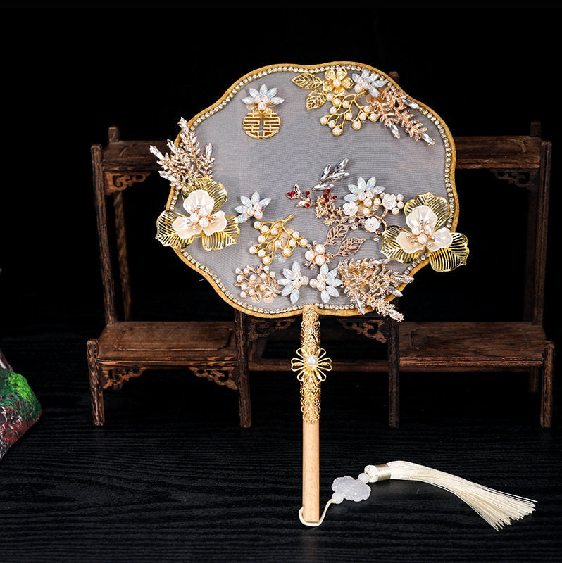 Chinese Golden Brida  Round Hand  Fan | Rosy