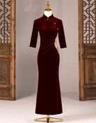Wine Red  Velvet Mermaid Cheongsam Qipao Dress