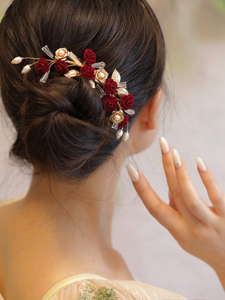 Gold&Red  Rose Pearl  Hair Clip