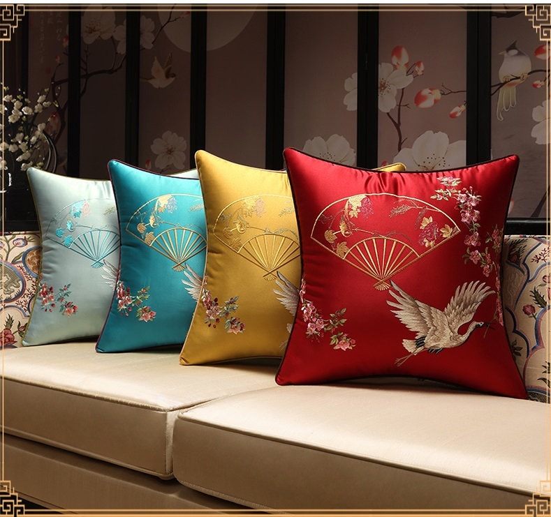 Oriental Embroidered  Satin Cushion Covers| Crane Bird