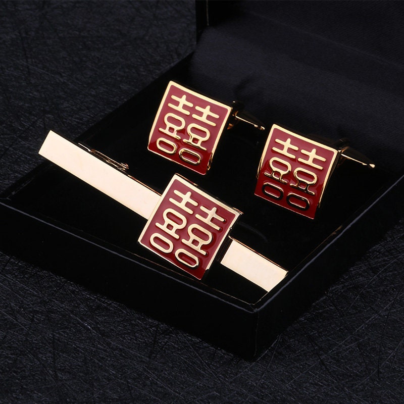 Square Shape  Double happiness Cufflinks & Tie Clip