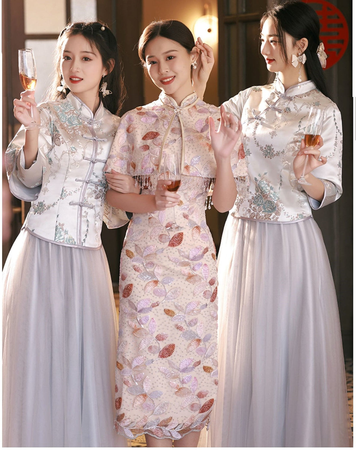 Blue Grey Bridesmaid 2-pieces Qipao Cheongsam Dress
