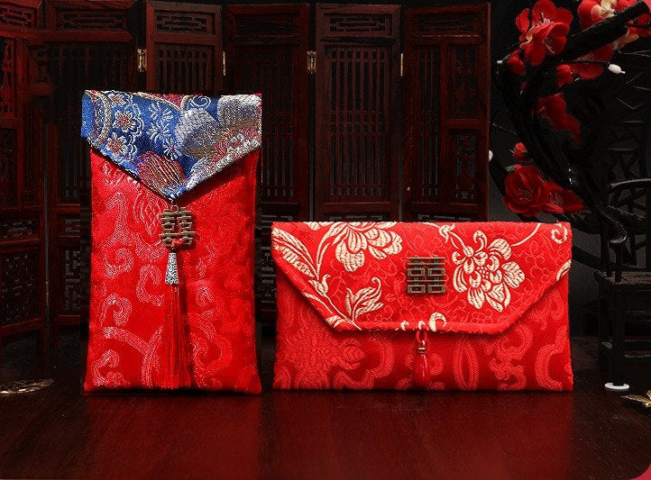 Flower Pattern Brocade Fabric Double Happiness Red Envelope with Tassel