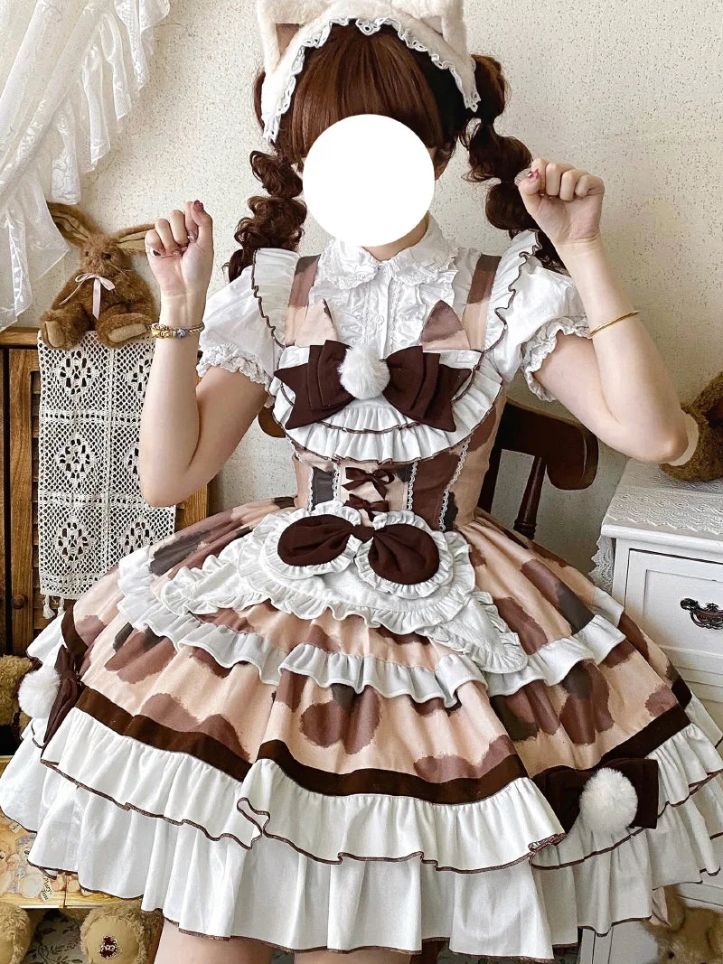 Kawaii sweets Lolita JSK dress with soft doll-like design. Sweet, cute, and cozy for autumn and winter outfits. Perfect for soft-girl Lolita style.