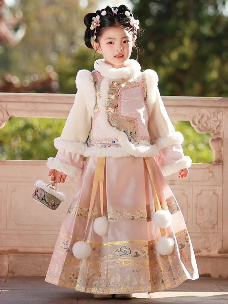 Little girl clothes winter Hanfu Ma Mian skirt set with embroidery
