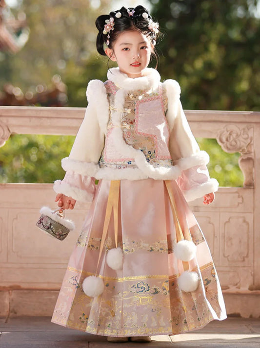 Little girl clothes winter Hanfu Ma Mian skirt set with embroidery