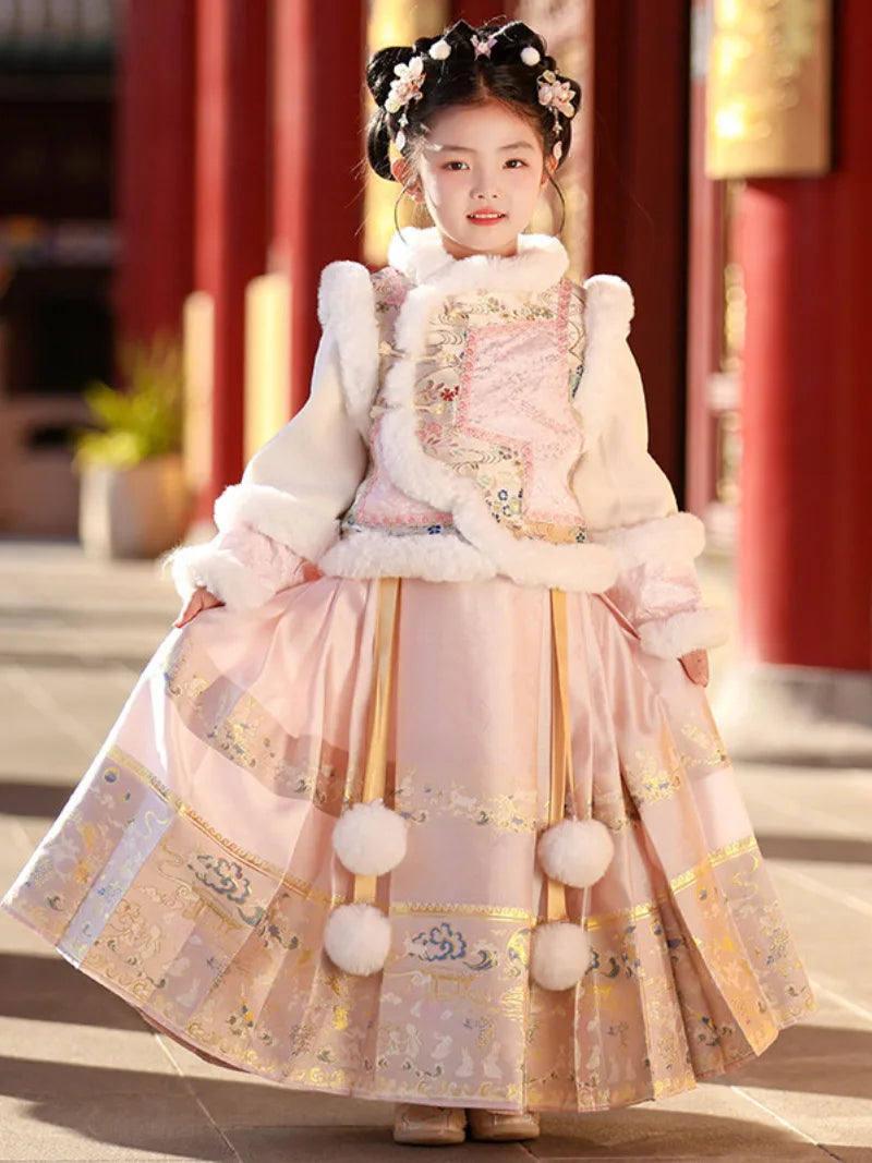 Little girl clothes winter Hanfu Ma Mian skirt set with embroidery