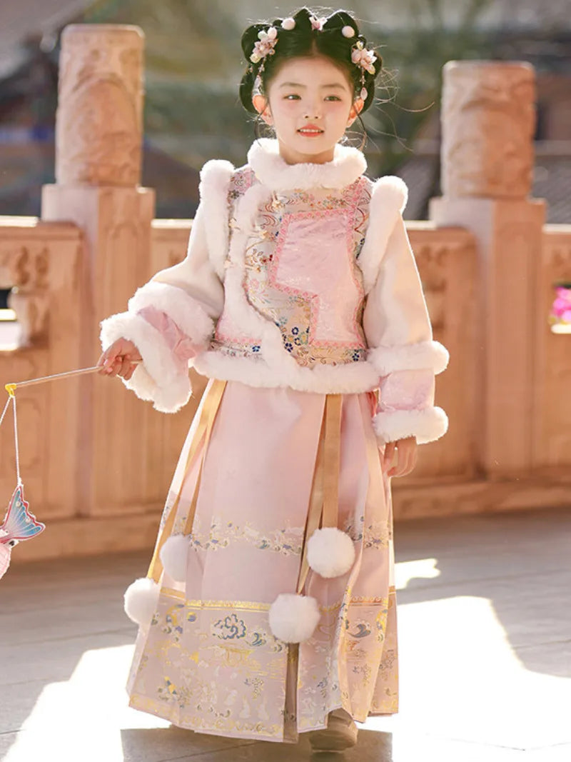 Little girl clothes winter Hanfu Ma Mian skirt set with embroidery