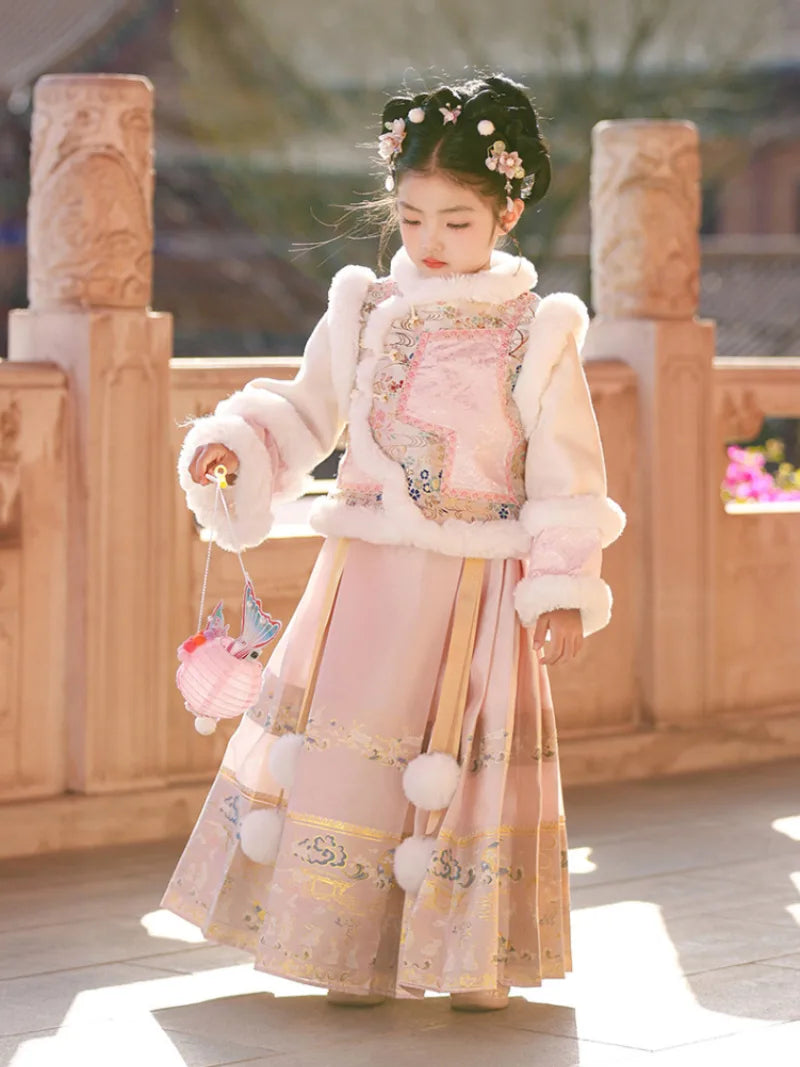 Little girl clothes winter Hanfu Ma Mian skirt set with embroidery