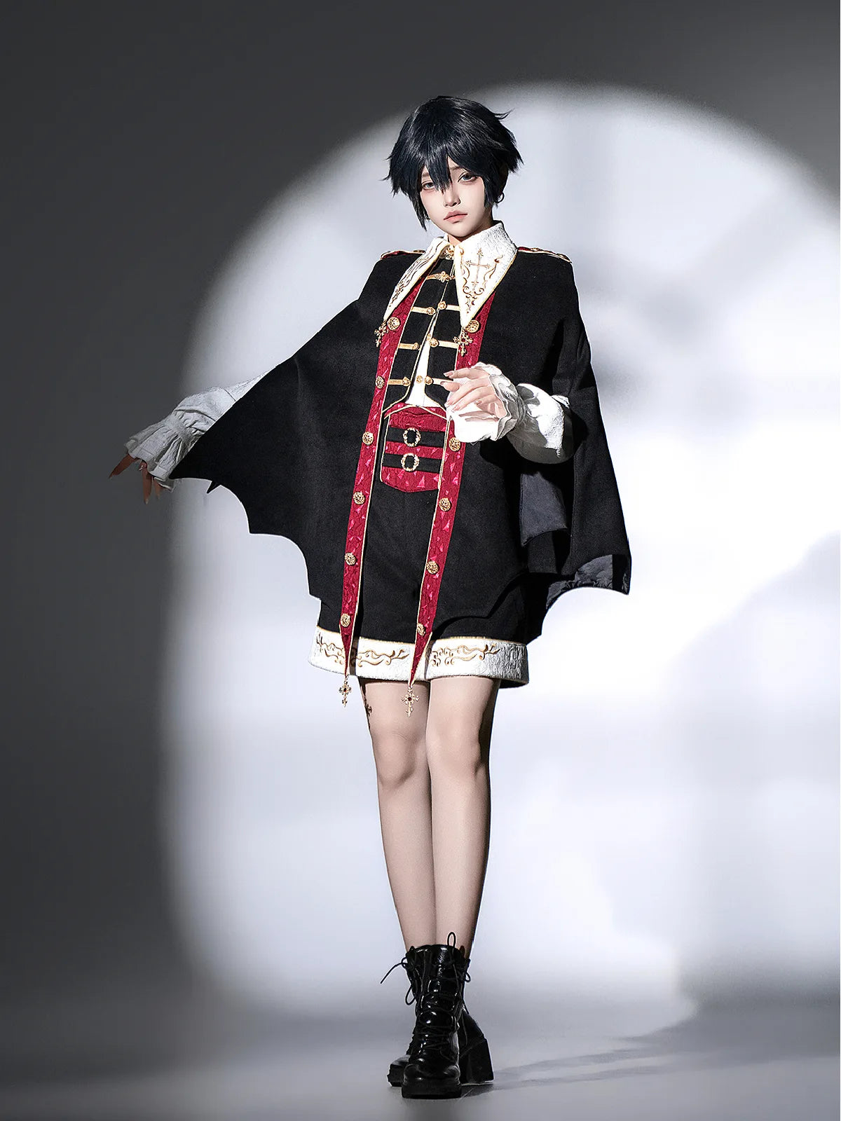 Original vampire-style Lolita outfit with gothic cape, shirt, and shorts for an elegant dark prince look