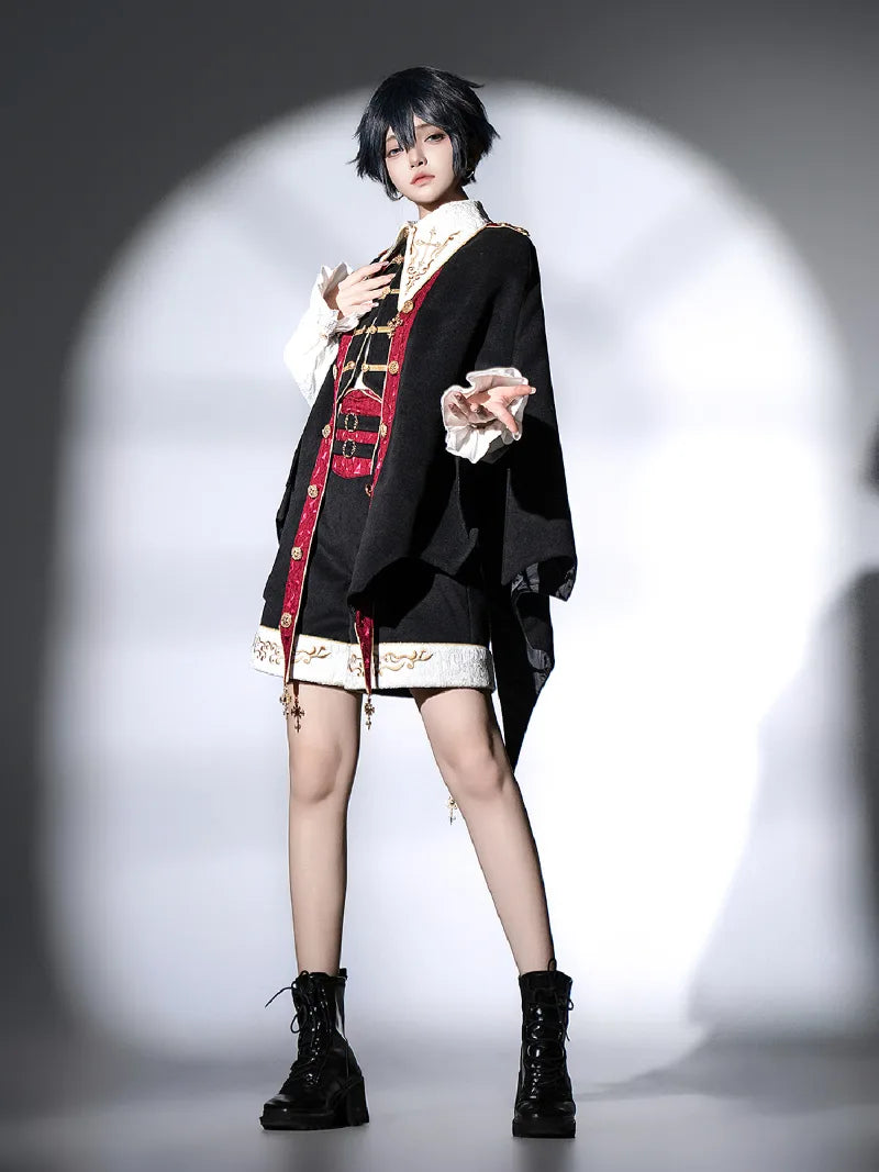 Original vampire-style Lolita outfit with gothic cape, shirt, and shorts for an elegant dark prince look