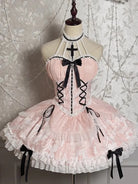 Elegant Gothic Lolita long-sleeve OP dress with castle-night design and dramatic skirt style