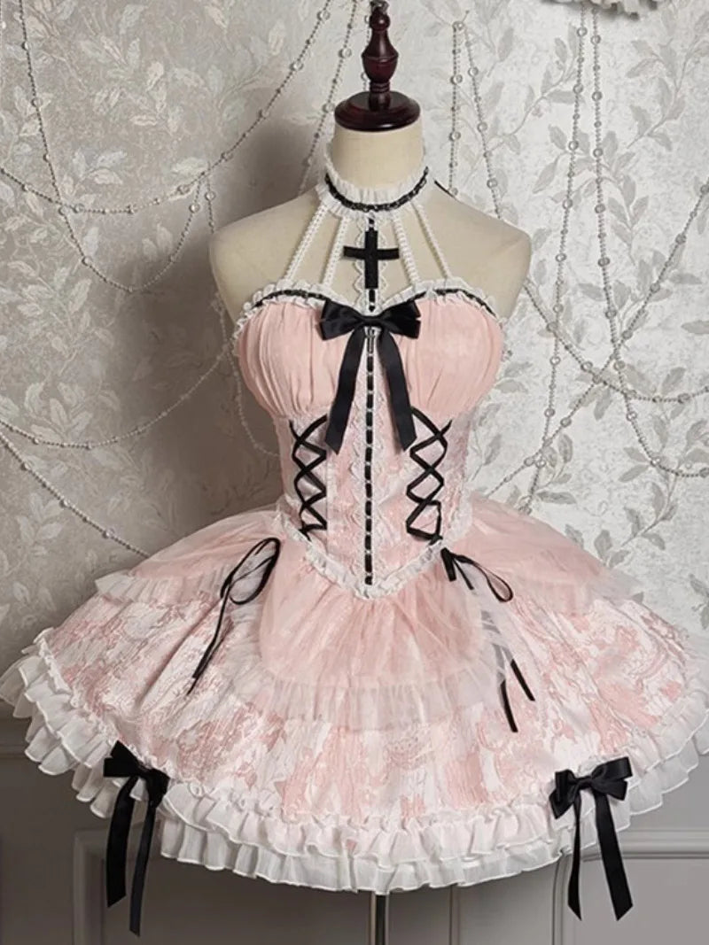 Elegant Gothic Lolita long-sleeve OP dress with castle-night design and dramatic skirt style