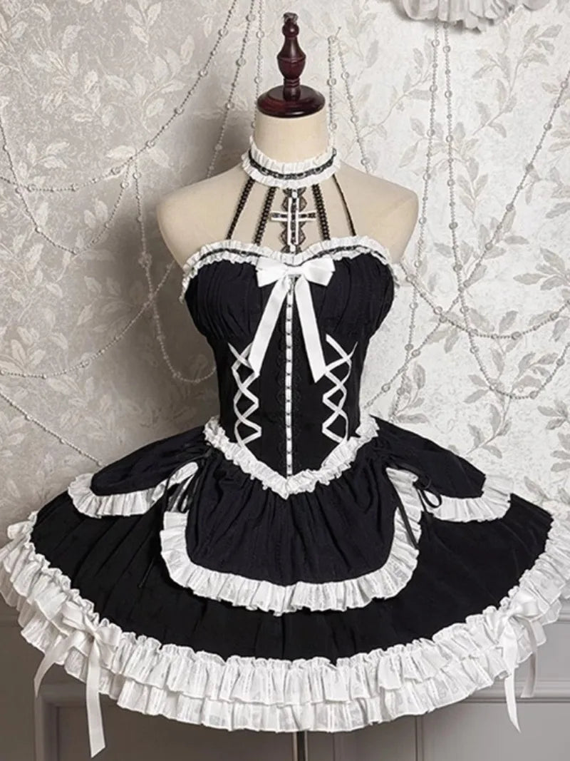 Elegant Gothic Lolita long-sleeve OP dress with castle-night design and dramatic skirt style