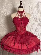 Elegant Gothic Lolita long-sleeve OP dress with castle-night design and dramatic skirt style