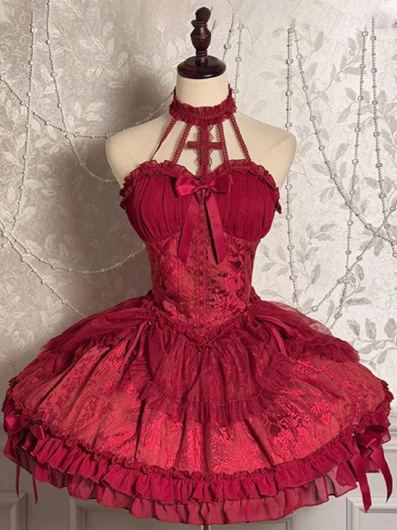 Original Lolita Gothic halter dress with cross accents and layered gothic silhouette