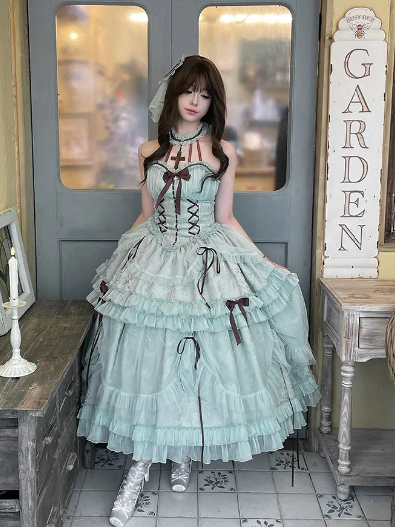 Original Lolita Gothic halter dress with cross accents and layered gothic silhouette
