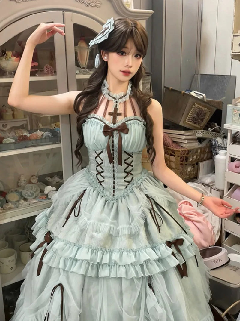 Original Lolita Gothic halter dress with cross accents and layered gothic silhouette