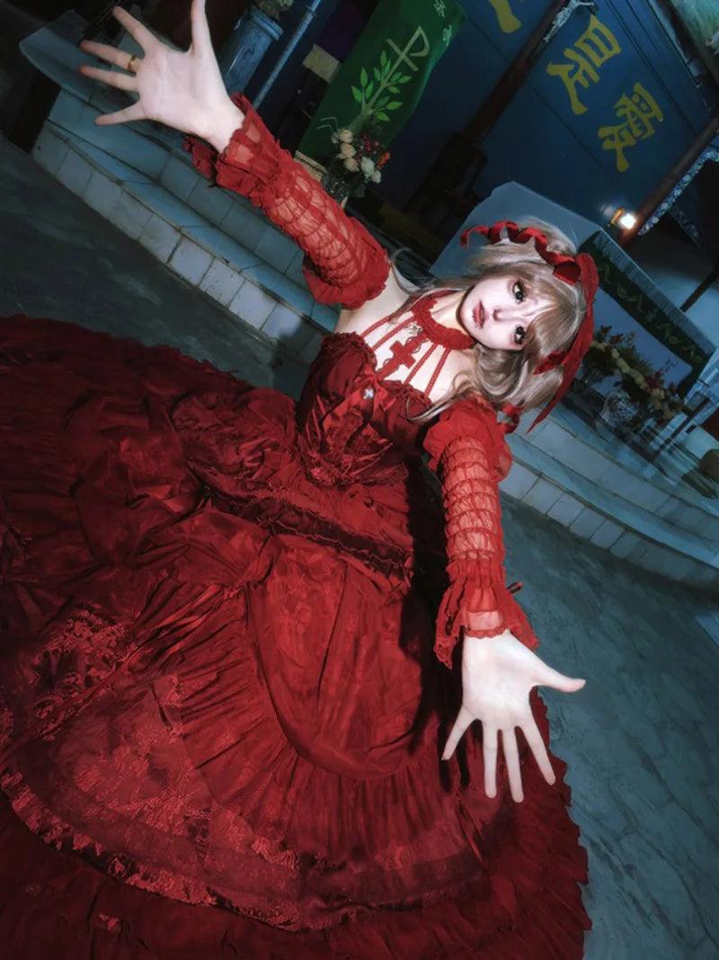 Original Lolita Gothic halter dress with cross accents and layered gothic silhouette