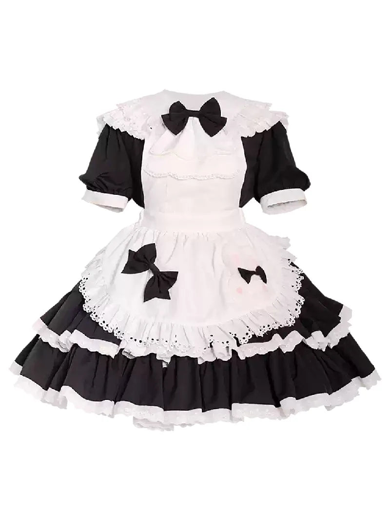 Classic black and white Lolita maid dress with lace apron and bow details, elegant original design