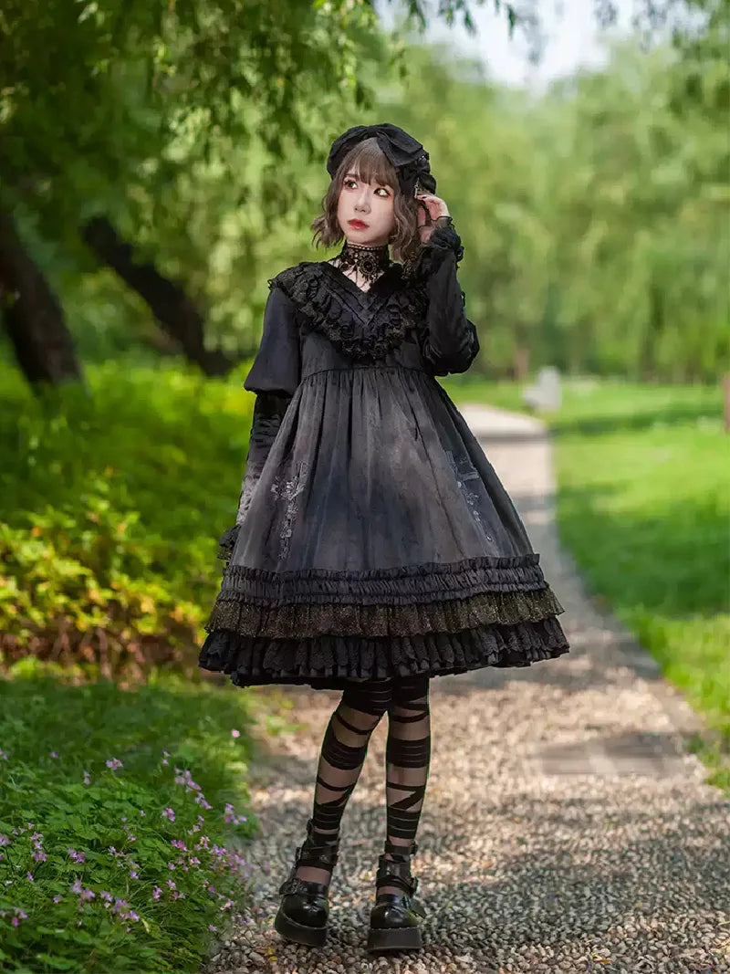 Charming autumn Lolita outfit featuring the Holy Fruit Manor embroidered OP dress, combining elegance, vintage details, and refined craftsmanship.