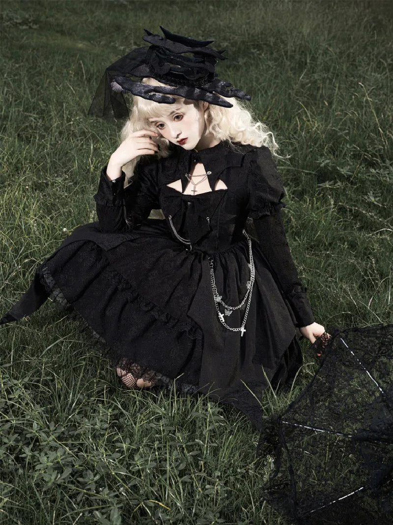 Original gothic punk Lolita clothing, dark long sleeve dress for autumn winter fashion style