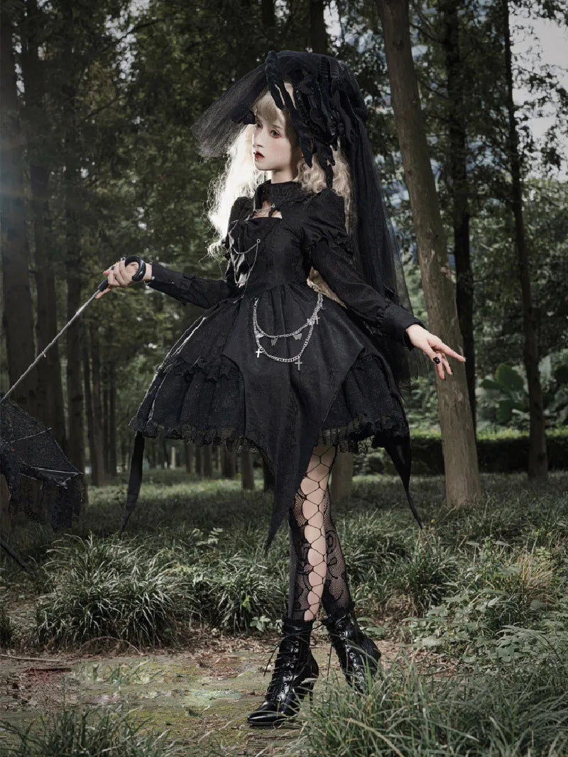 Original gothic punk Lolita clothing, dark long sleeve dress for autumn winter fashion style