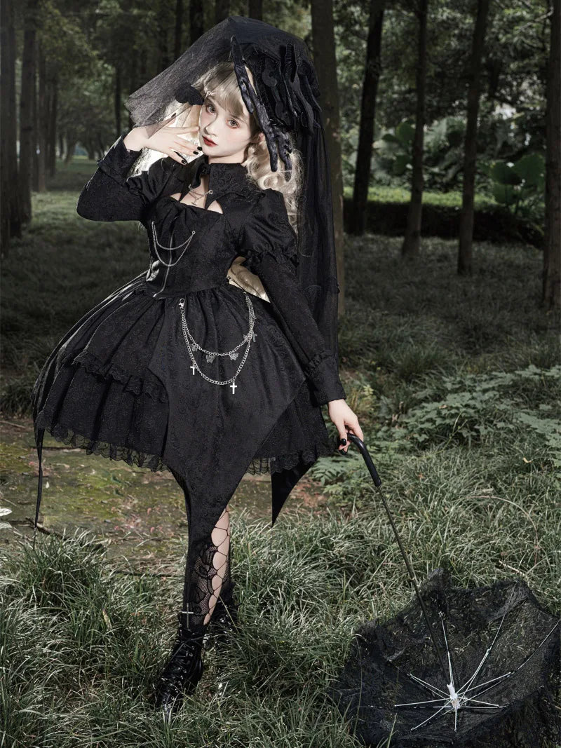 Original gothic punk Lolita clothing, dark long sleeve dress for autumn winter fashion style