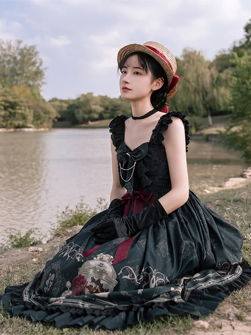 Lollita fashion Nightingale and Rose JSK withpuji original lolita dress featuring elegant rose and birdcage print design