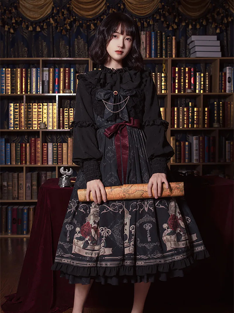 Lollita fashion Nightingale and Rose JSK withpuji original lolita dress featuring elegant rose and birdcage print design