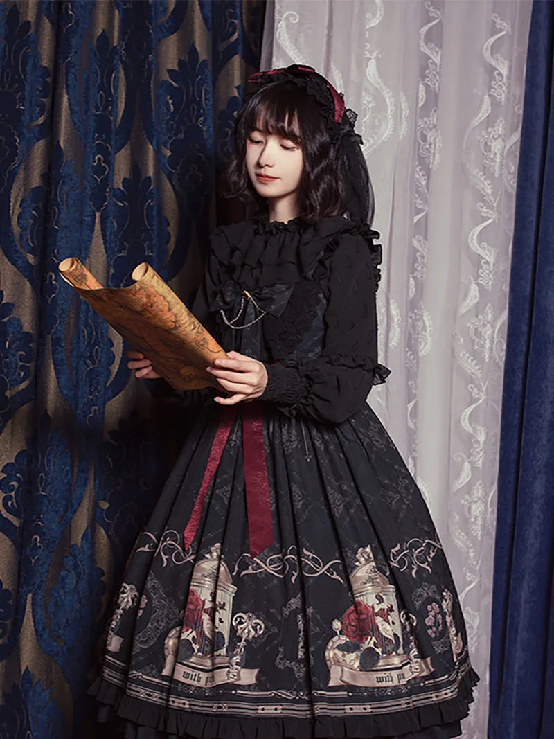 Lollita fashion Nightingale and Rose JSK withpuji original lolita dress featuring elegant rose and birdcage print design