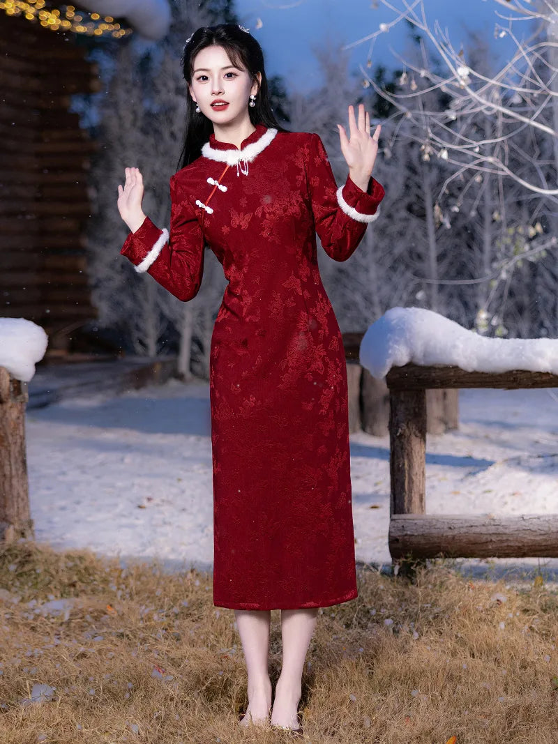 Red lunar new year cheongsam with mandarin collar and vintage button details