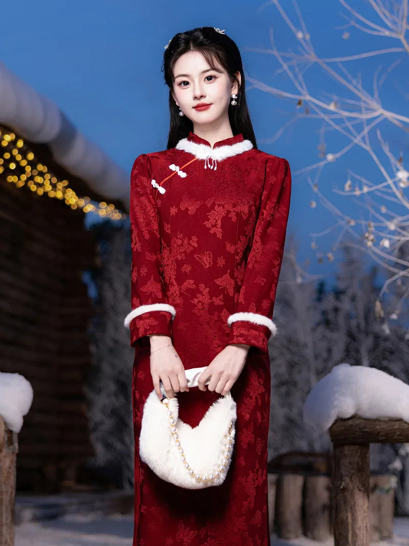 Red lunar new year cheongsam with mandarin collar and vintage button details