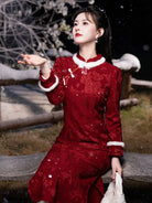 Red lunar new year cheongsam with mandarin collar and vintage button details