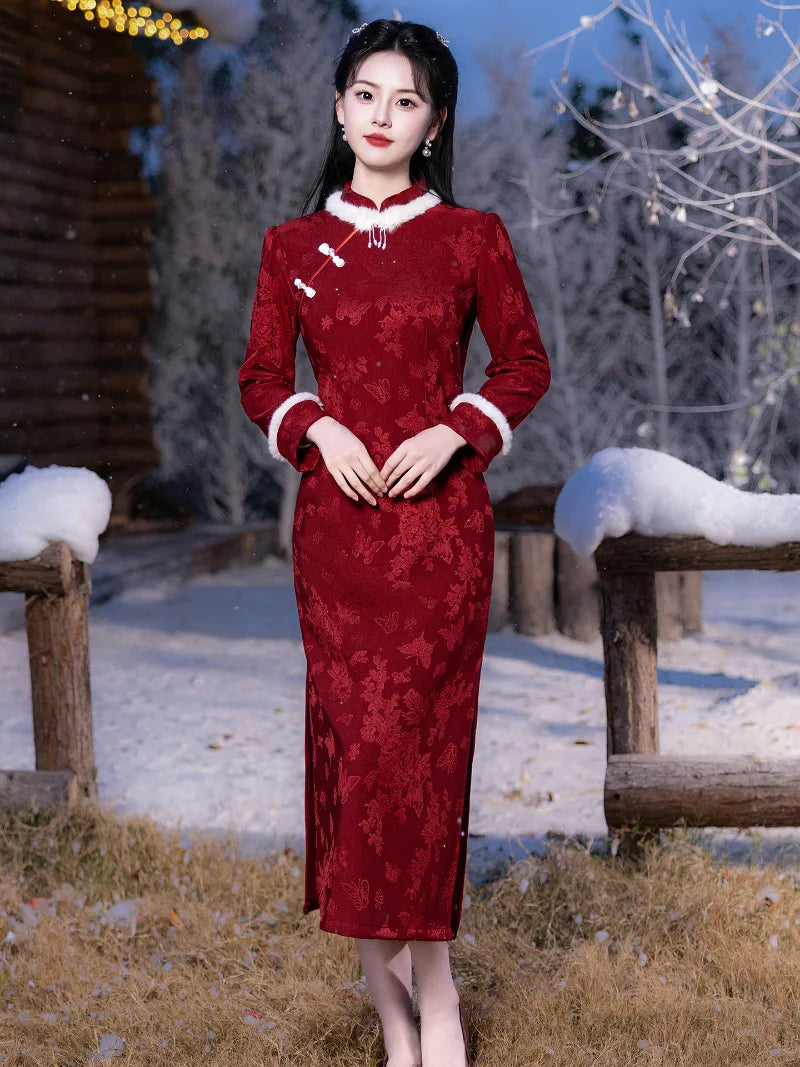 Red lunar new year cheongsam with mandarin collar and vintage button details