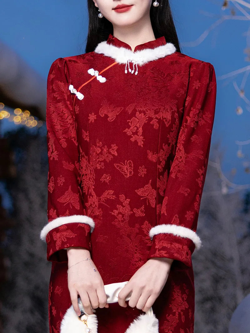 Red lunar new year cheongsam with mandarin collar and vintage button details