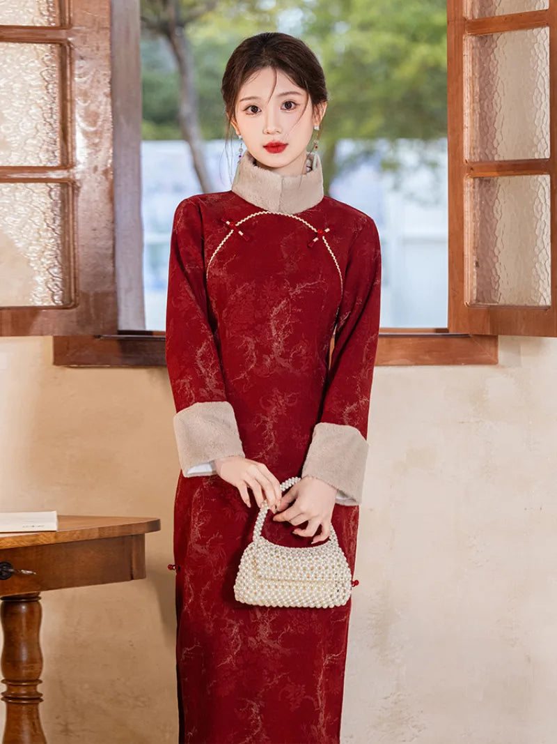 Warm red lunar new year dress with elegant mandarin collar and breathable long sleeves