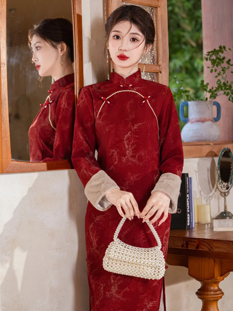 Warm red lunar new year dress with elegant mandarin collar and breathable long sleeves