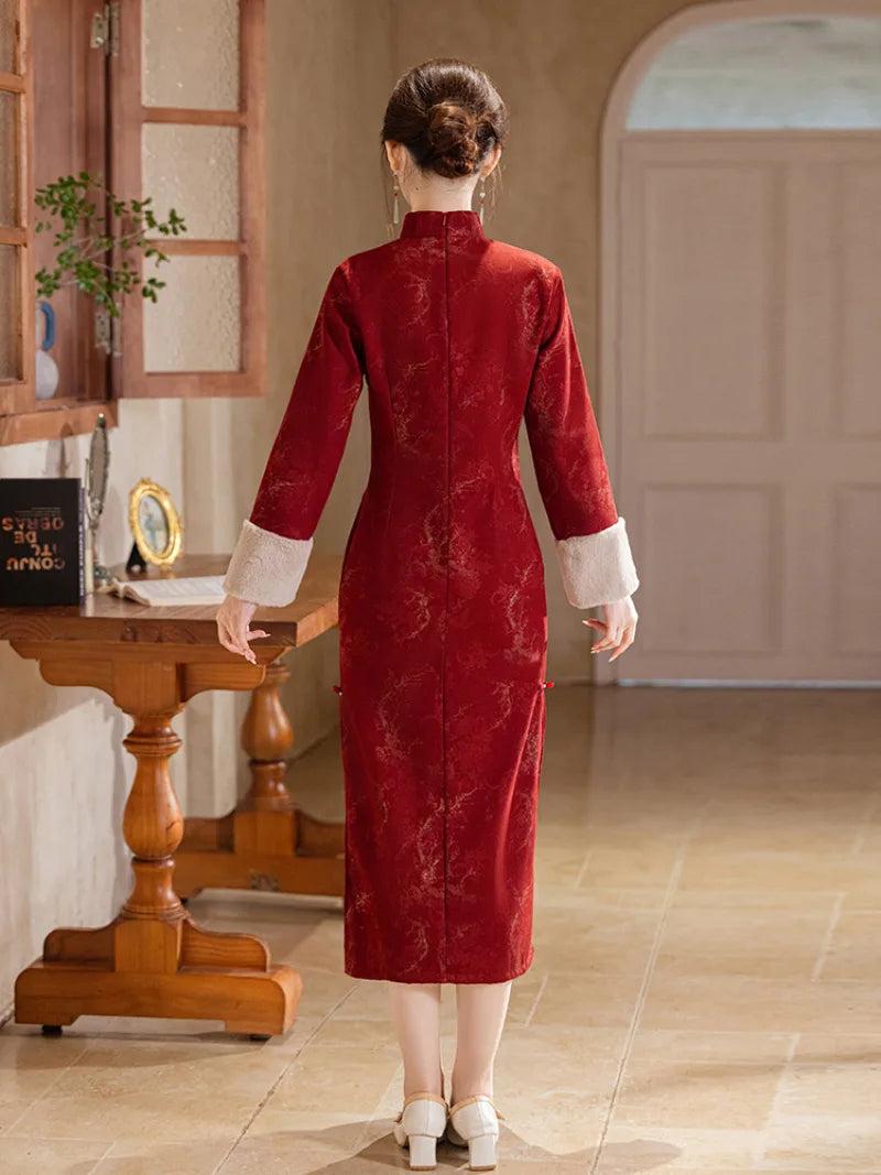 Warm red lunar new year dress with elegant mandarin collar and breathable long sleeves