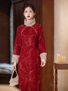 Warm red lunar new year dress with elegant mandarin collar and breathable long sleeves