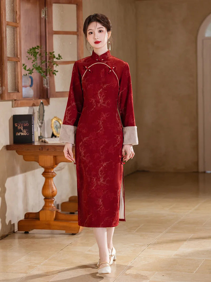 Warm red lunar new year dress with elegant mandarin collar and breathable long sleeves